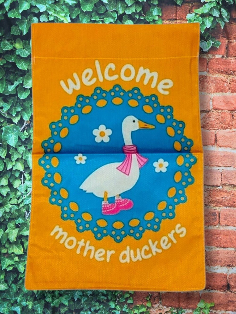 All Season Welcome Mother Duckers Garden Woven Linen Flag